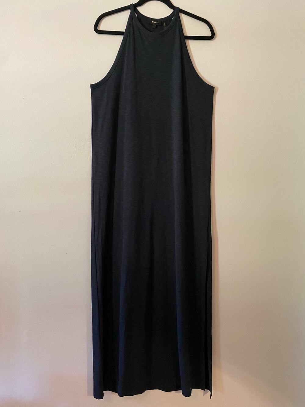 Theory Navy Blue Sonaki Casual Maxi Dress Slit Lounge Cotton Sleeveless Large